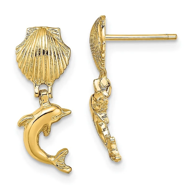 Curata 14k Yellow or White Gold Dolphin Dangle From Mini Scallop Earrings - 18.3x7.2mm