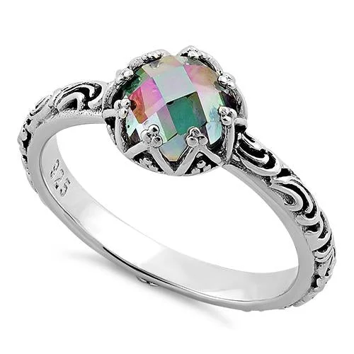 Sterling Silver Floral Rainbow Topaz CZ Ring