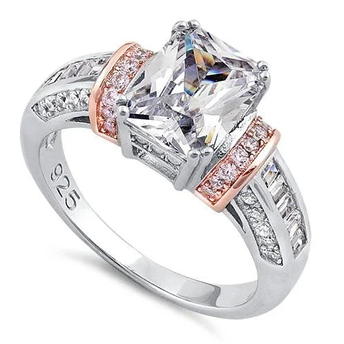 Sterling Silver Rose Gold-Plated Emerald-Cut CZ Ring