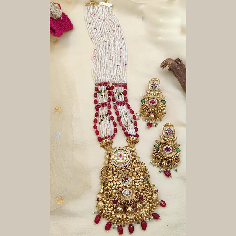 Jewel Addiction Copper Rajwadi Finish Pota Stone And Pearl Long Necklace Set