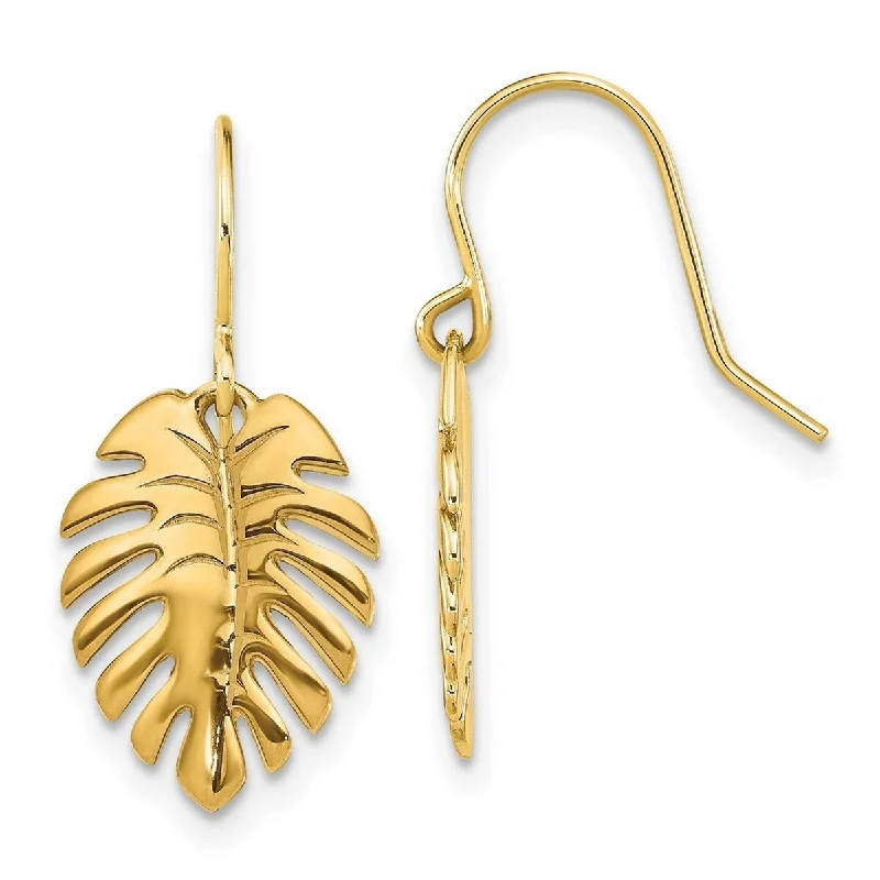 Curata 14k Yellow Gold Polished Palm Leaf Long Drop Dangle Earrings 24x11mm