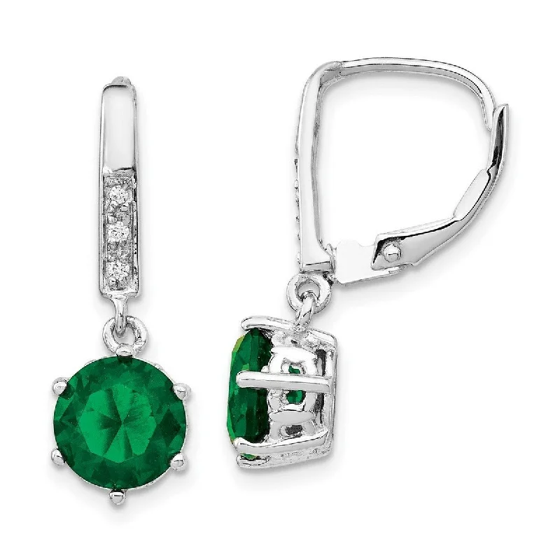 Curata 925 Sterling Silver Dangle Simulated Emerald and Cubic Zirconia Leverback Earrings - 26x8mm Wide