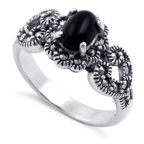 Sterling Silver Oval Black Onyx Flower Hearts Marcasite Ring