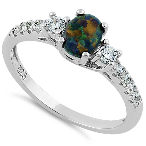 Sterling Silver Enchanted Oval Green-Black Lab Opal CZ Ring