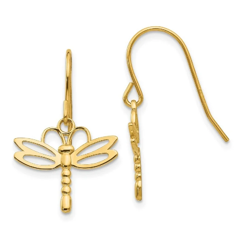 Curata 14k Yellow Gold Dangle Polished Dragonfly Hook Earrings - 26x16mm