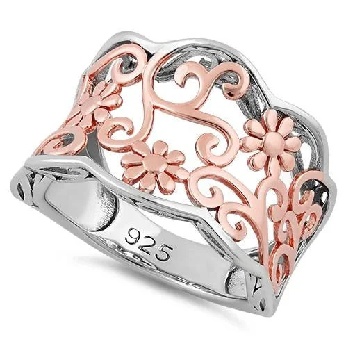 Sterling Silver Rose Gold Two Tone Flowers Ring