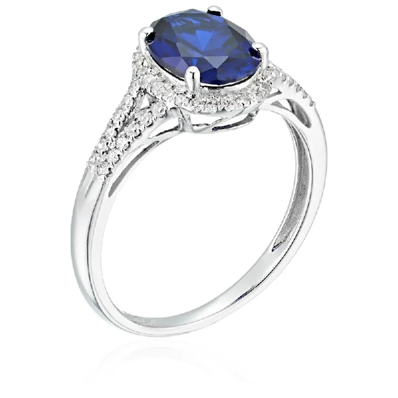 10k White Gold Created Blue Sapphire & Diamond Ring