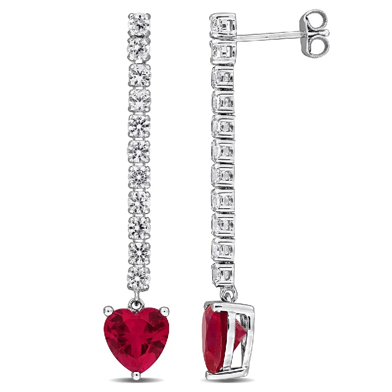 Miadora 8 1/3ct TGW Created Ruby White Sapphire Heart Drop Earrings in Sterling Silver