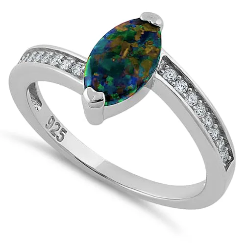 Sterling Silver Stylish Green-Black Lab Opal Marquise Cut & Clear CZ Ring