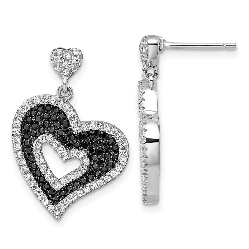 Curata 925 Sterling Silver and CZ Cubic Zirconia Brilliant Embers Love Heart Dangle Post Earrings -