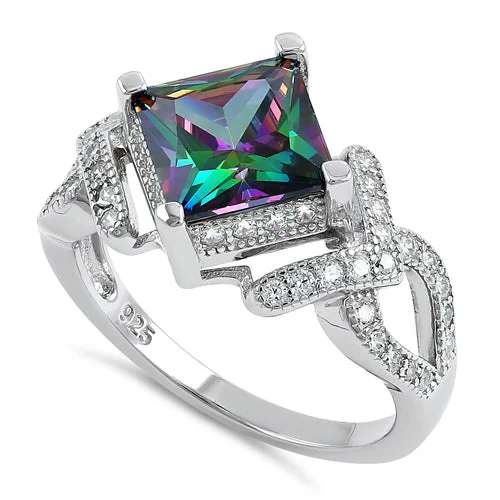 Sterling Silver Princess Cut Rainbow CZ Ring