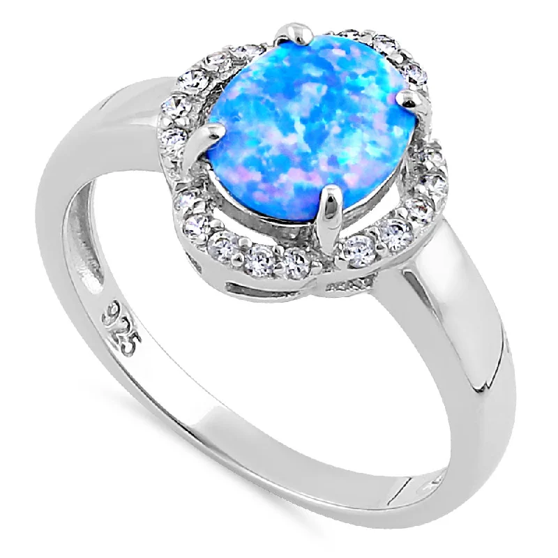 Sterling Silver Elegant Blue Lavender Lab Opal Oval Flower Halo CZ Ring