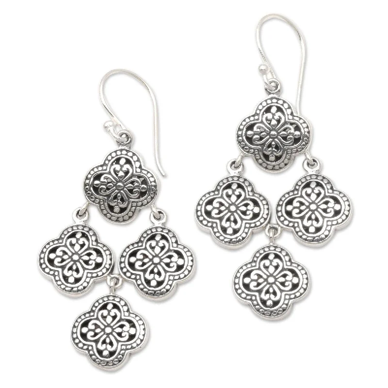 NOVICA Four-Petaled Flowers, Sterling silver chandelier earrings - 2L*1W