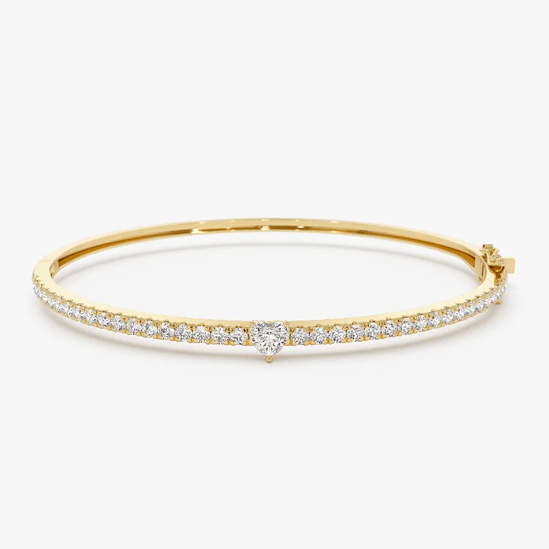 14k Gold Heart Shaped and Round Diamond Bangle