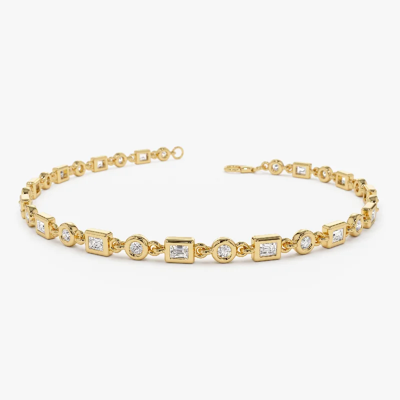 14K Gold Round and Baguette Diamond Bracelet