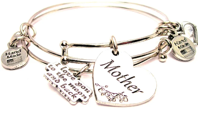 Mother Heart Expandable Bangle Bracelet with The I Love You To The Moon And Back Expandable Bangle Bracelet