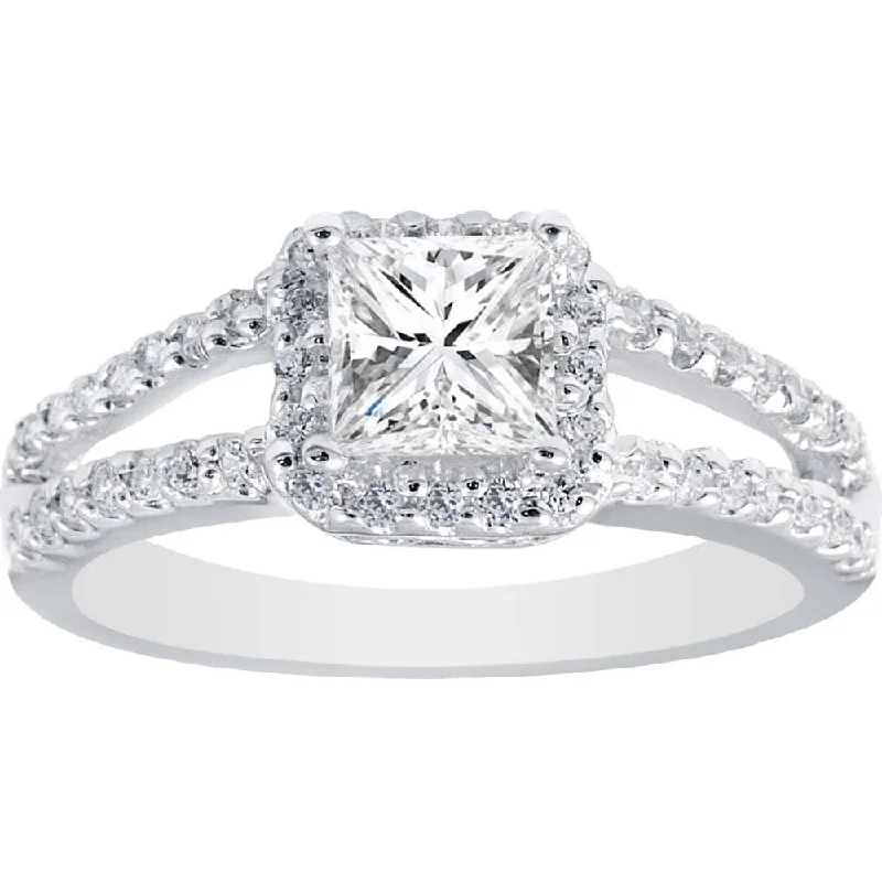 1ct Halo Split Shank Diamond Ring White Gold