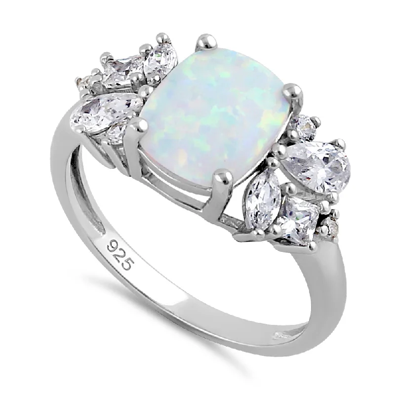 Sterling Silver Elegant Squoval White Lab Opal with Clear CZ Ring