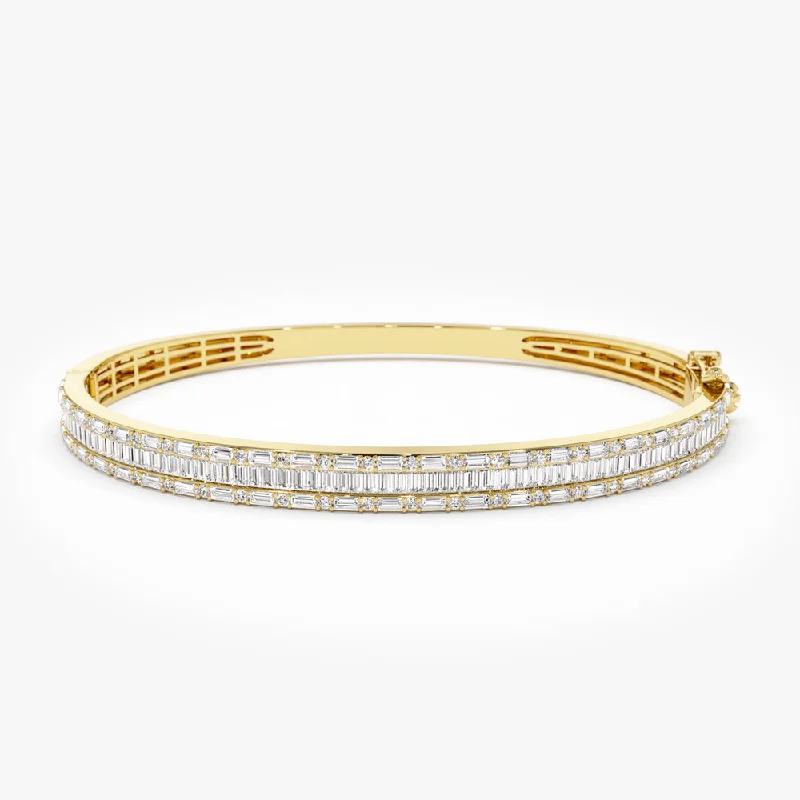 14k Baguette and Round Brilliant Micro Pave Statement Bangle Bracelet