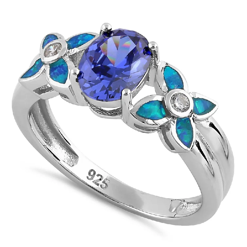 Sterling Silver Tanzanite Center Stone Flower Blue Lab Opal Ring