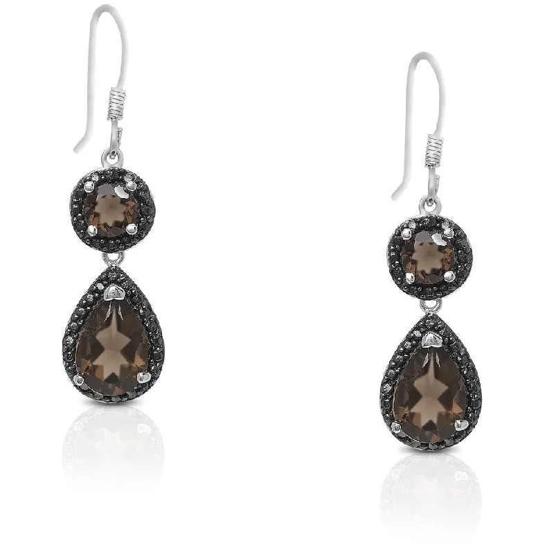 Dolce Giavonna Sterling Silver Smokey Quartz and Diamond Accent Dangling Earrings