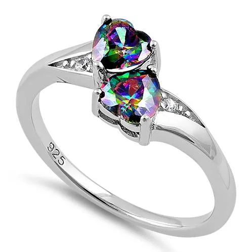 Sterling Silver Double Heart Rainbow Topaz CZ Ring