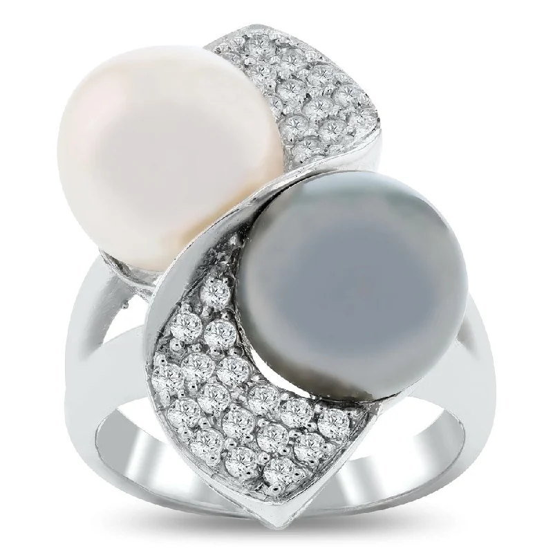 Auriya 14k White Gold 10.5mm South Sea Cultured and Tahitian Pearl and 3/8ct TDW Diamond Ring