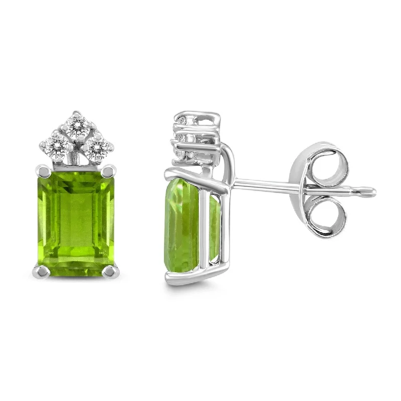 Marquee 14K White Gold 6x4MM Emerald Shaped Peridot and Diamond Earrings