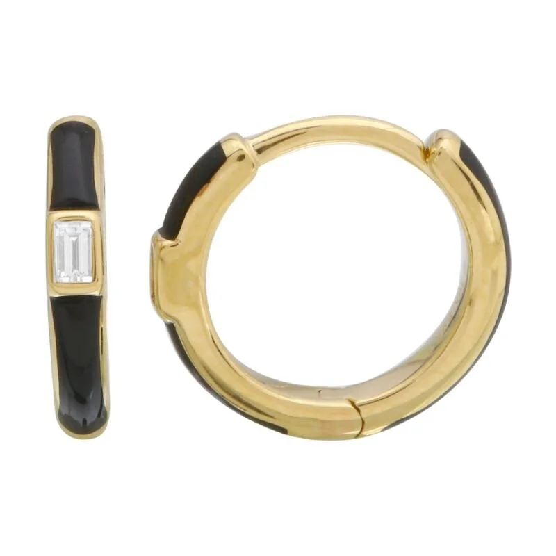 Joelle Diamond & Onyx Enamel Huggie Hoop Earrings 14K Yellow Gold