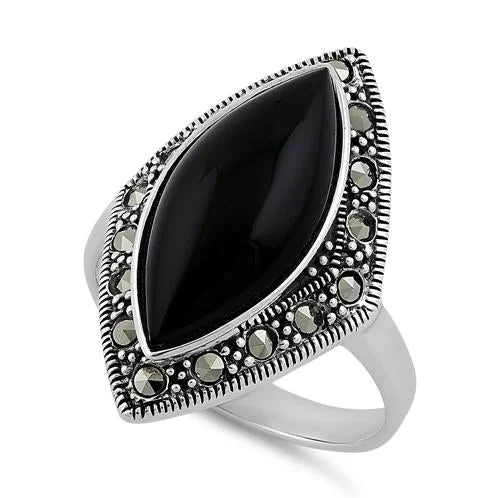 Sterling Silver Marquise Black Onyx Marcasite Ring