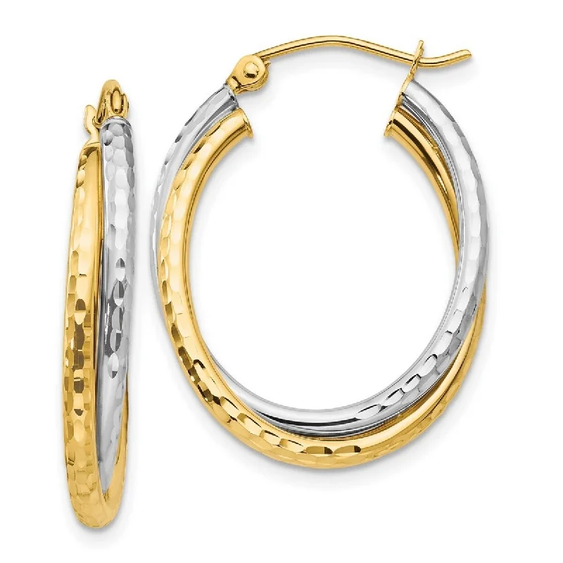 Curata 14K Two-tone Gold 17x5mm Double Diamond-cut Oval Hoop Earrings