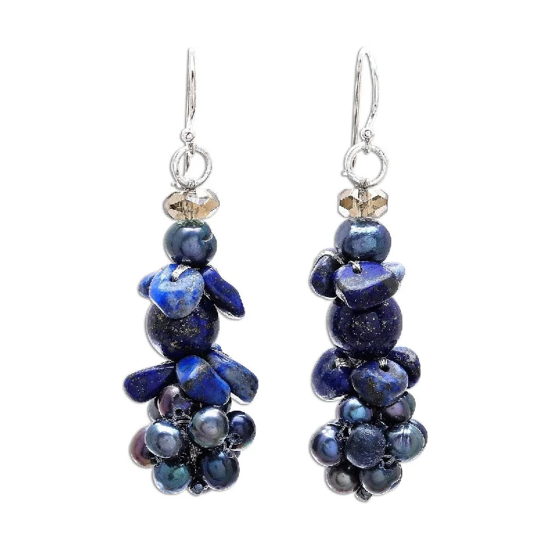 NOVICA Heaven's Gift, Lapis lazuli and cultured pearl cluster earrings - 1.3*0.6