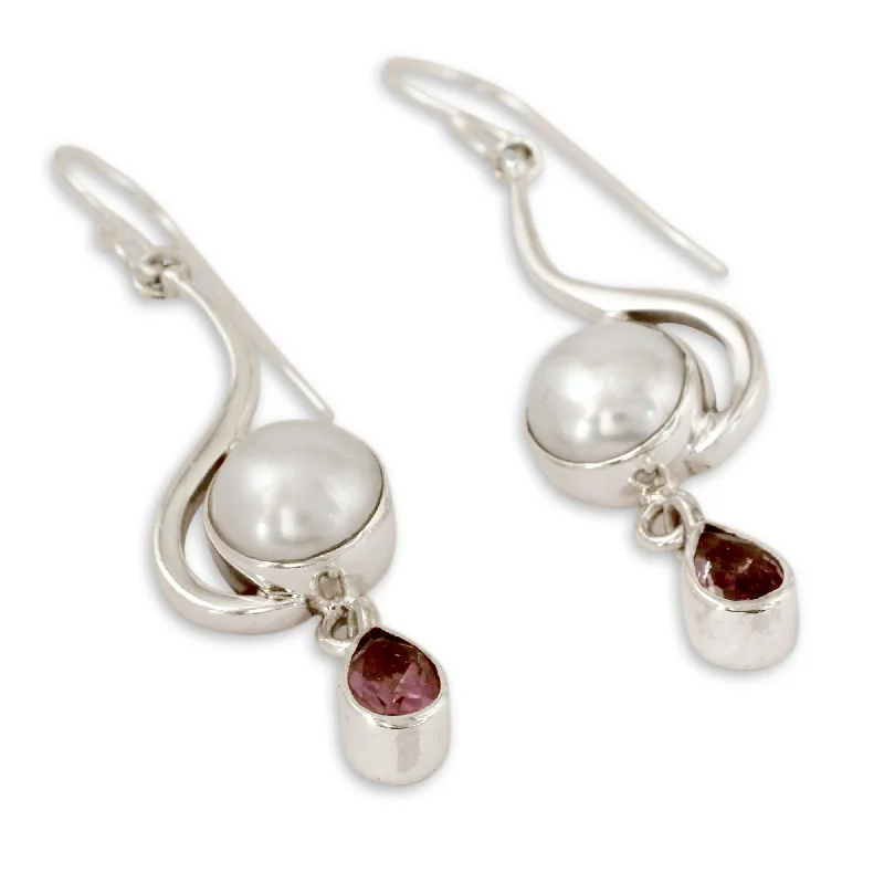 Handmade Sterling Silver 'Cloud Sonnet' Pearl Amethyst Earrings (8mm) (India)