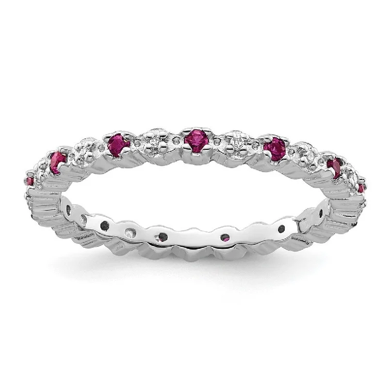 Curata 925 Sterling Silver Polished Prong set Stackable Expressions Cr. Ruby and Diamond Ring