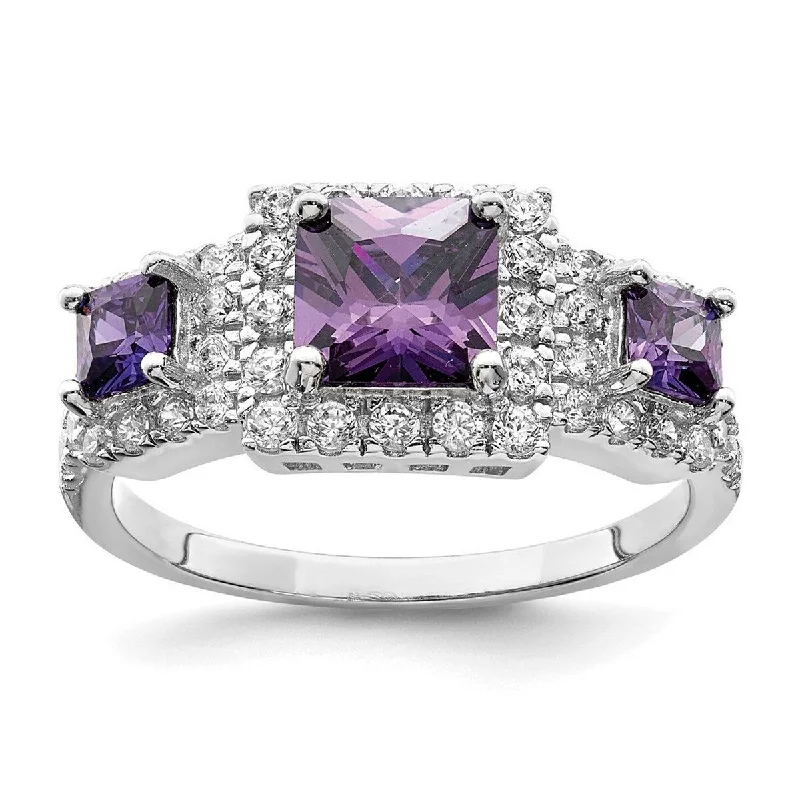 Curata 925 Sterling Silver Polished Open back Purple Square CZ Cubic Zirconia Simulated Diamond Ring