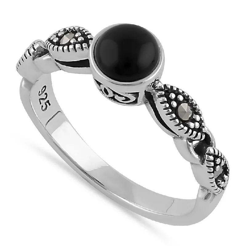 Sterling Silver Round Black Onyx Filigree Marcasite Ring