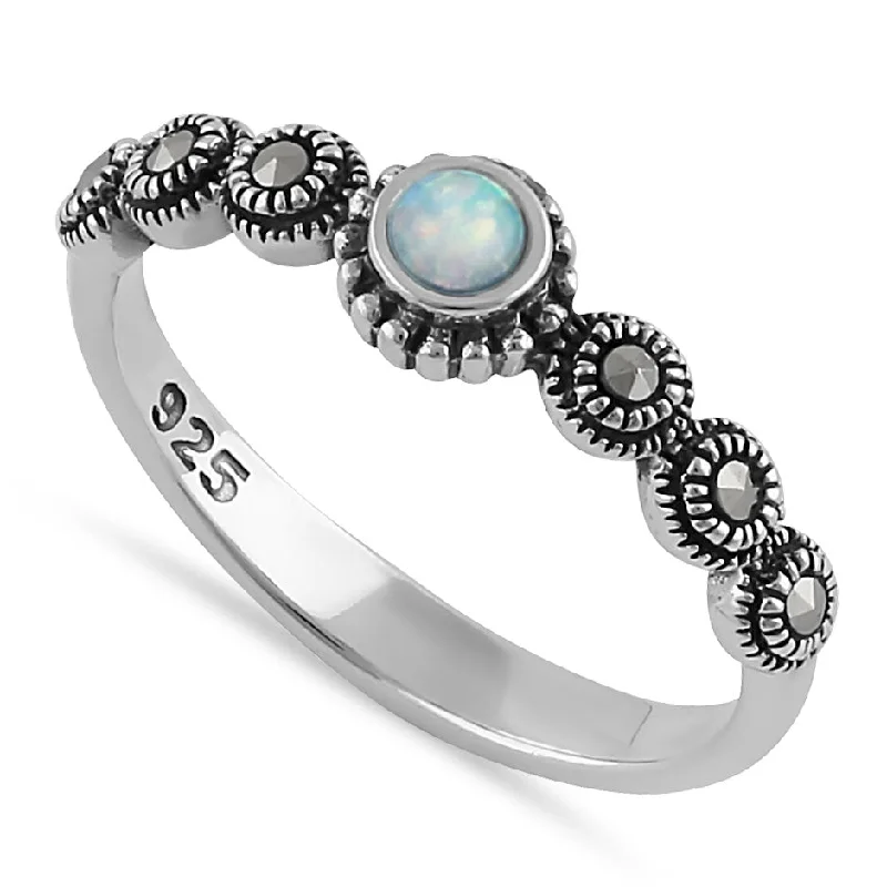 Sterling Silver Small Round Opal Marcasite Ring