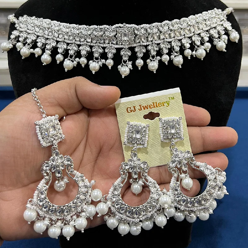 Hira Collections Silver Plated Crystal Stone And Pearls Necklace Set