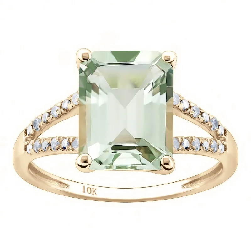 Viducci 10k Yellow Gold Genuine Emerald-Shape Green Amethyst and Split-Shank Diamond Ring