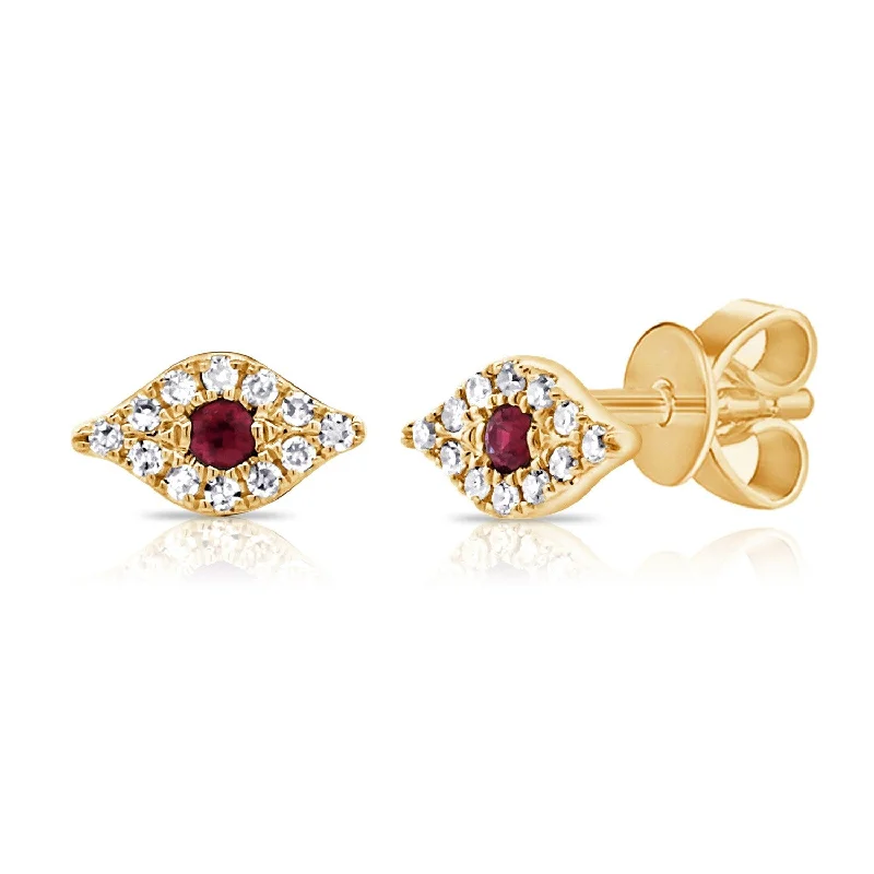 Joelle Evil Eye Studs Earrings Ruby & Diamonds 14K Gold - Evil Eye Ruby Earring