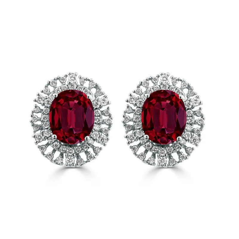 Auriya 5 3/4ct Fancy Oval-cut Red Ruby Halo Diamond Earrings 1 1/10cttw 18K Gold