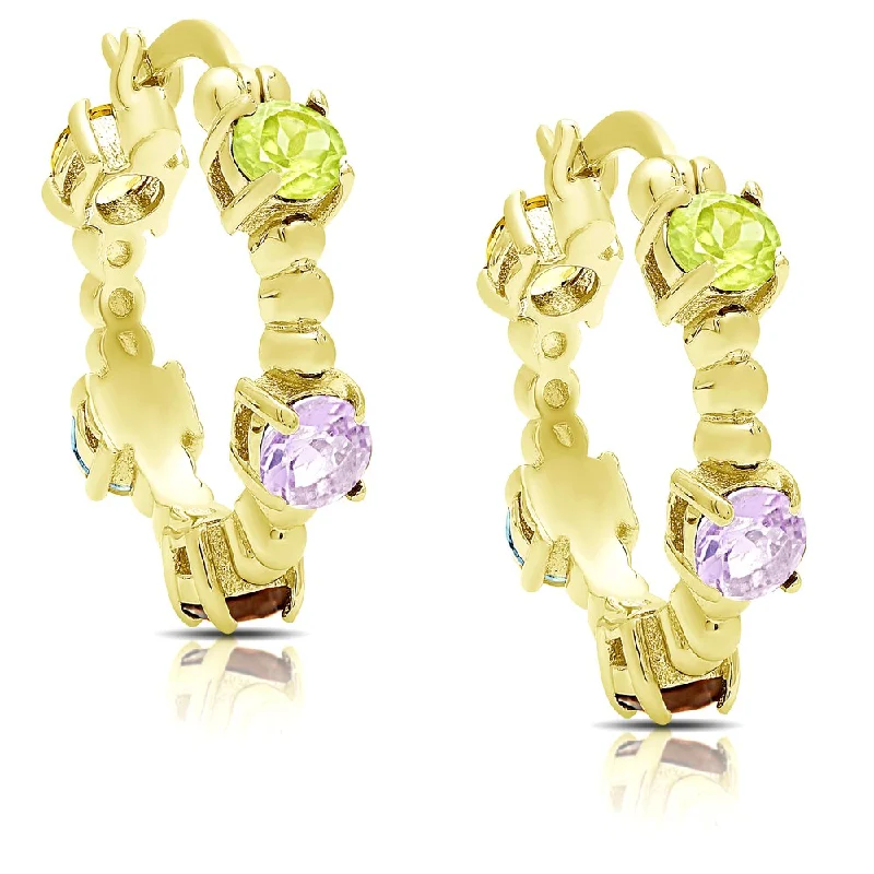 Dolce Giavonna Gold over Sterling Silver Multi Gemstone Hoop Earrings