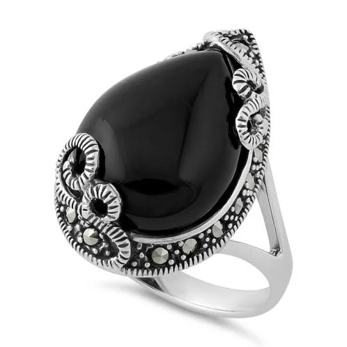 Sterling Silver Pear Shape Black Onyx Marcasite Ring