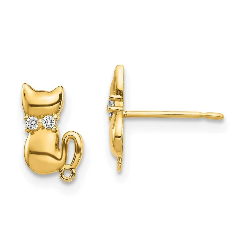 Curata 14k Sitting Cat CZ Cubic Zirconia Bowtie Stud Earrings - 7.8x5.7mm Wide