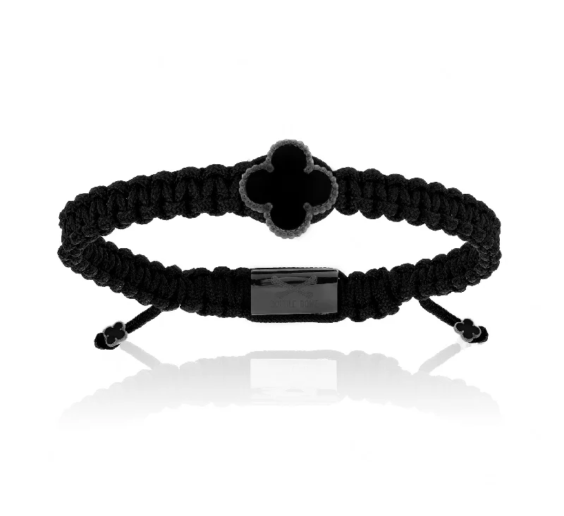 Clover Black Onyx Stone, Black Polyester With Black PVD Bracelet