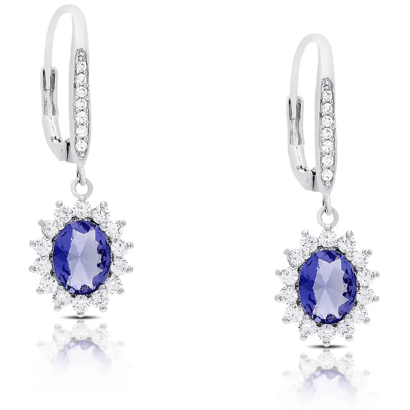 Dolce Giavonna Silver Overlay Simulated Tanzanite and Cubic Zirconia Oval Dangle Earrings