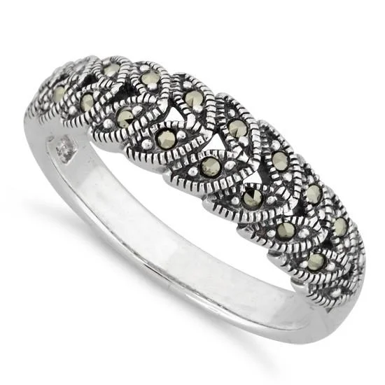 Sterling Silver Marquise Leaves Marcasite Ring