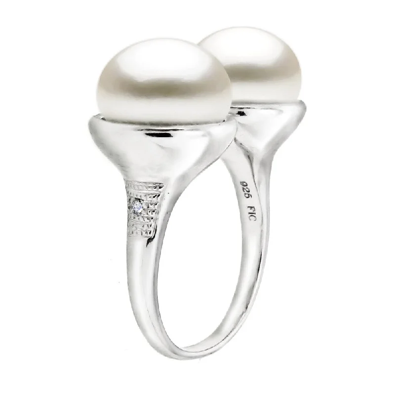 DaVonna Sterling Silver 10-11mm Freshwater Pearl and .02tcw Diamond Ring - White