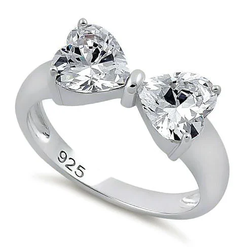 Sterling Silver Hearts Bow CZ Ring