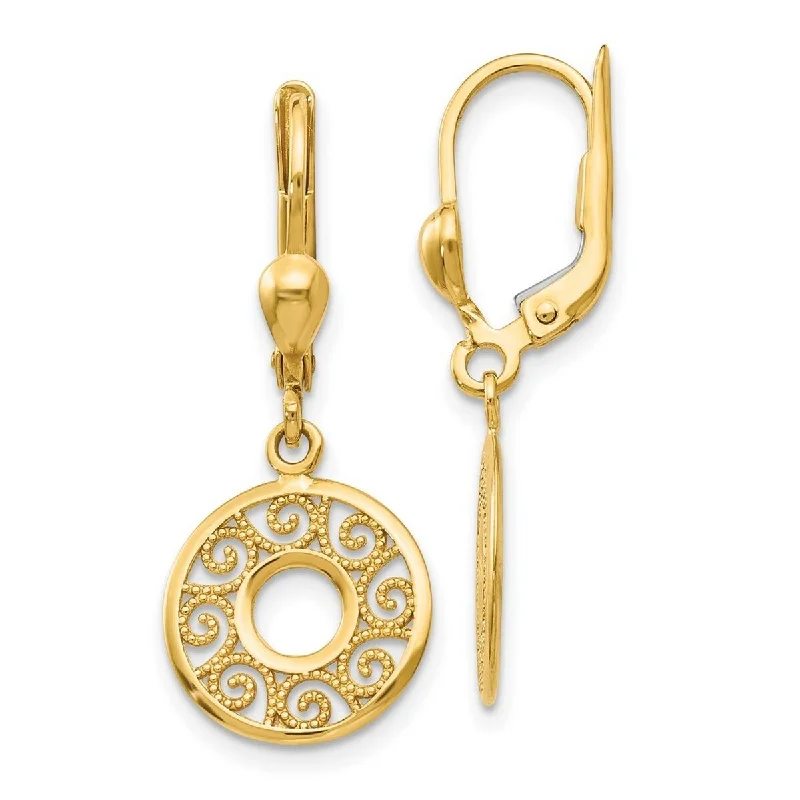 Curata Solid 14k Yellow Gold Ornate Open Circle Leverback Earrings (12mmx33mm) - Orange